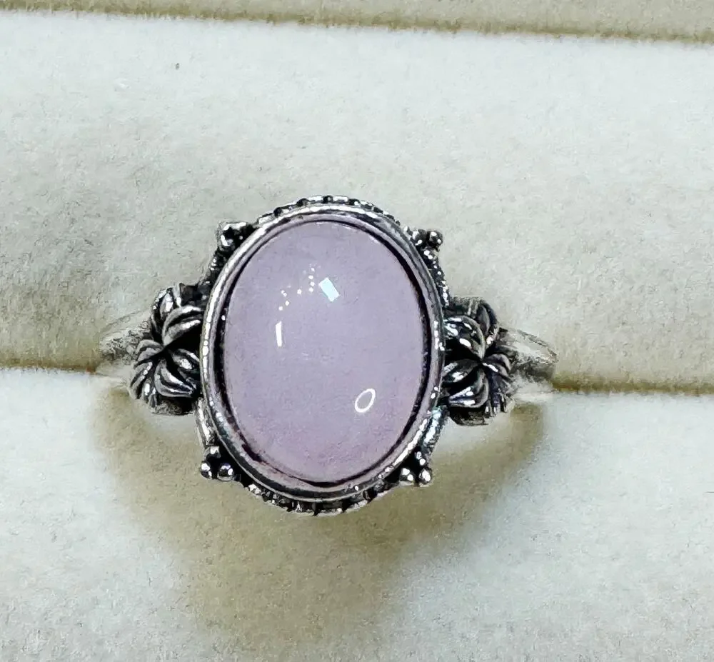 New Size 7 Pink Oval Cabochon Ring Silver Tone Floral Statement Ring R007
